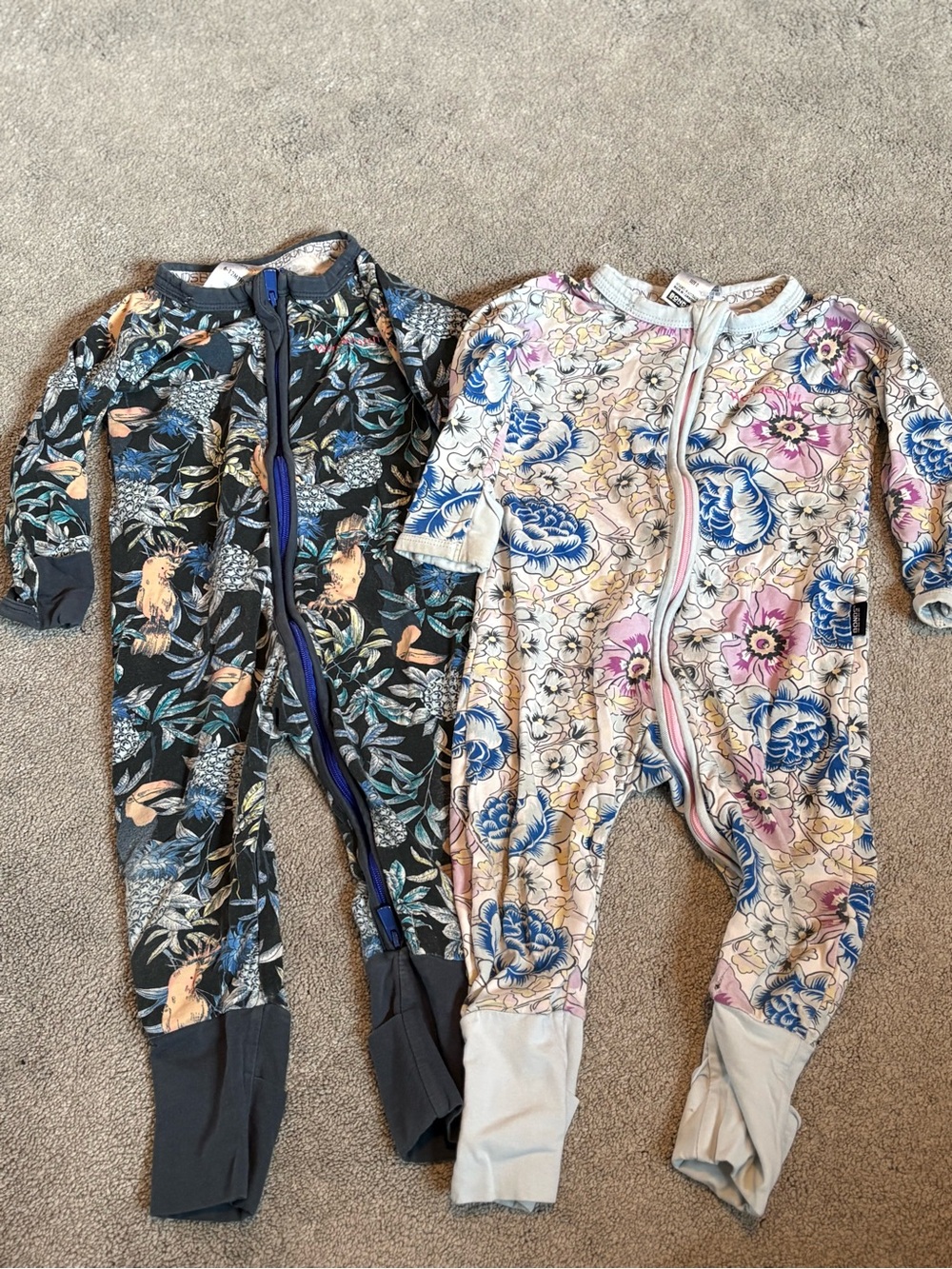 Bonds Floral Zip-Front One-Piece Footies - Black, Blue, Pink